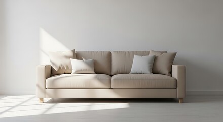 Naklejka premium Beige Sofa with Pillows in Minimalist Room