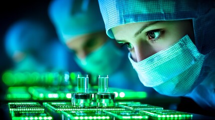 Skilled female surgeon utilizing advanced computer technology in modern hospital operating room