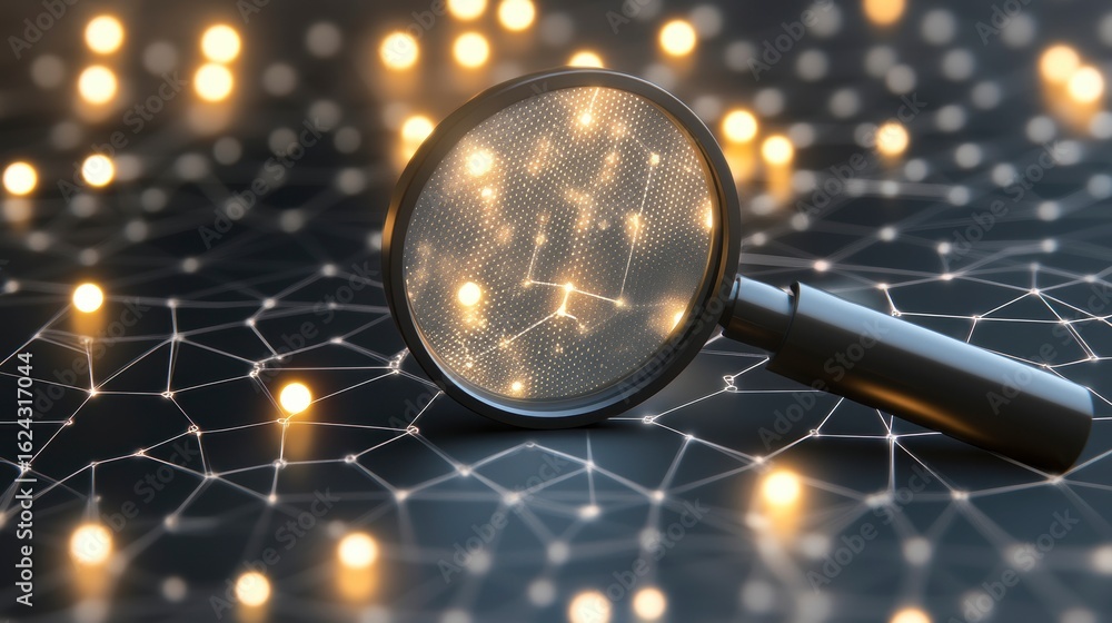 Poster magnifying glass over glowing network nodes.