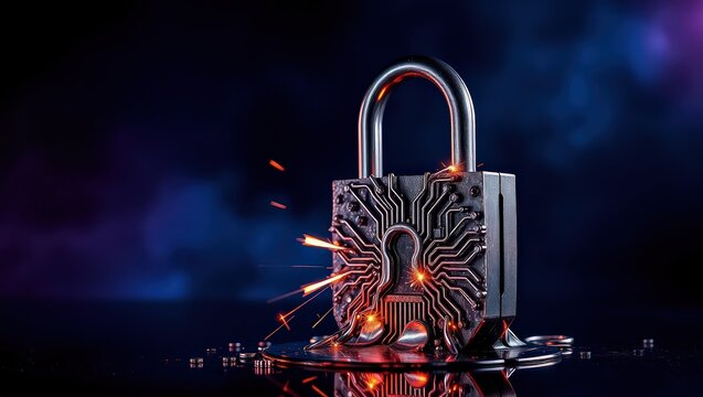 A metallic padlock with a circuit board design being broken with sparks flying on a dark background - Powered by Adobe