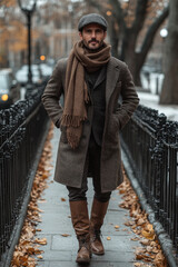 A man in a brown coat and scarf standing on a sidewalk.