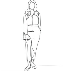 Elegant and Confident Businesswoman Standing. Minimalist One Line Drawing of Young Businesswoman. Vector Illustration