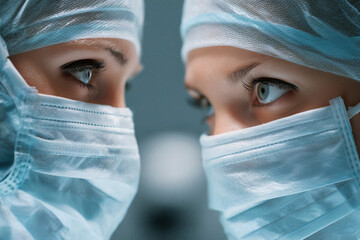 Close-up of two healthcare workers wearing surgical masks and caps, focused and professional, ready for surgery