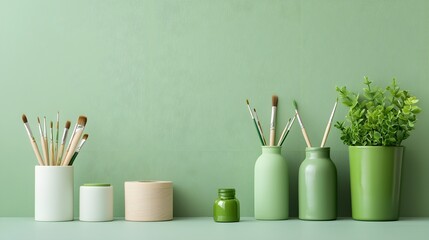 "Green Vases with Paint Brushes and Art Supplies"