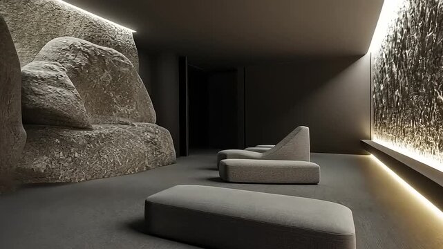 Zen Relaxation Lounge with Stone Accents and Soft Lighting for Tranquility and Peace