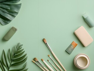 "Artistic Green Background with Paint Brushes"