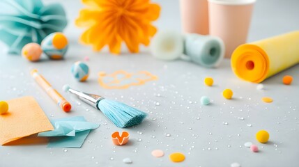 Colorful Paper Flowers and Scissors on Vintage Table