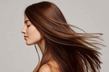 Naklejka premium Woman with Long, Flowing Hair: A portrait of beauty and healthy hair with a serene expression.