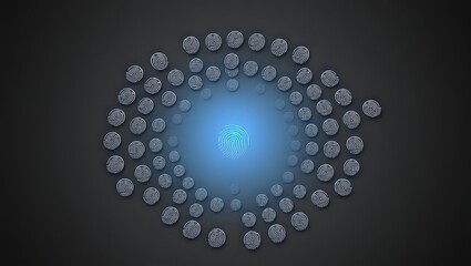 A collection of fingerprint icons arranged around a central glowing fingerprint on a dark background
