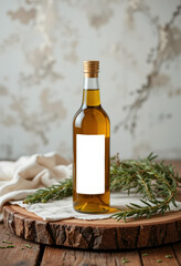 Naklejka premium Olive Oil Bottle Mockup with Herbs on Rustic Table — No Branding