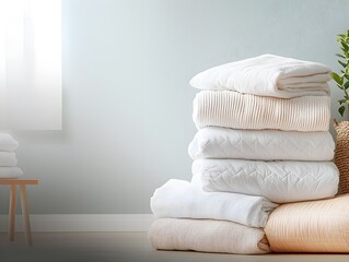 Cozy Stack of Pillows and Blankets on Table