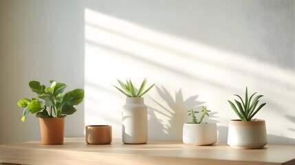 Minimalist Potted Plants on Wooden Table