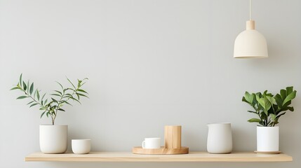 Minimalist White Vases on Wooden Shelf