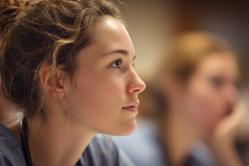 Fototapeta premium Attentive young woman in medical setting, focused and professional, possibly a nurse or student.