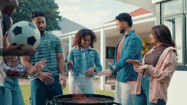 BBQ, conversation and soccer ball with friends in backyard of home together for social gathering. Bonding, chatting and cookout with group of people outdoor in garden for celebration, event or visit