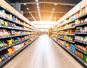 A defocused grocery aisle with shelves full of products on both sides, polished floors, and soft, glowing indoor lights overhead.