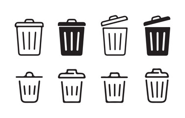 Trash Bin Icon Set – Minimal Line and Solid Style Garbage Cans. Vector Illustration