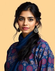 Portrait of a woman with dark hair wearing a blue floral outfit and silver earrings posing