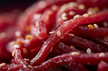 Macro detail shot of raw beef strands glistening with egg yolk and sesame oil