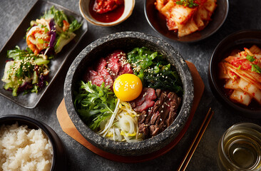 Medium shot of full Korean yukhoe set with side dishes and condiments on rustic stone table
