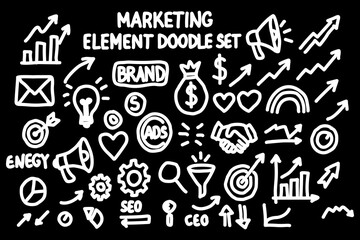 Comprehensive and creative hand-drawn vector doodle set of marketing elements. This detailed illustration features various icons and symbols related to business, strategy, social media, SEO.