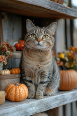 Cat sitting with pumpkins on shelf.