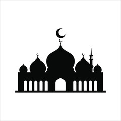 Islamic Mosque Silhouette Vector – Crescent Moon and Minaret Architecture Icon