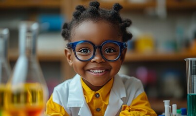 Candid young African American child dressed as a scientist in a lab, symbolizing creativity and the excitement of learning in a fun, educational setting, Generative AI