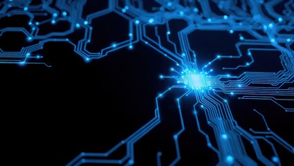 A close up view of a blue glowing circuit board with a central processor on a black background