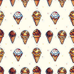 Pixel Art  Chocolate chip Ice Cream Cone Seamless Pattern