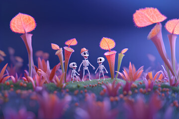 食虫植物と愉快なガイコツ君（アニメ調）