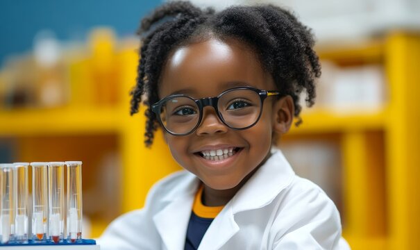 Candid young African American child dressed as a scientist in a lab, symbolizing creativity and the excitement of learning in a fun, educational setting, Generative AI