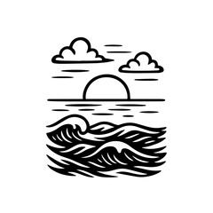 Fototapeta premium Black and White Vector Illustration of Ocean Waves and Sunset with Clouds
