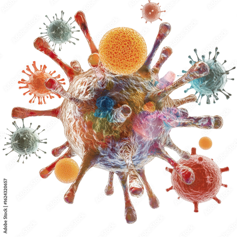 Poster detailed illustration of colorful viruses and pathogens showcasing the intricate structures and dive