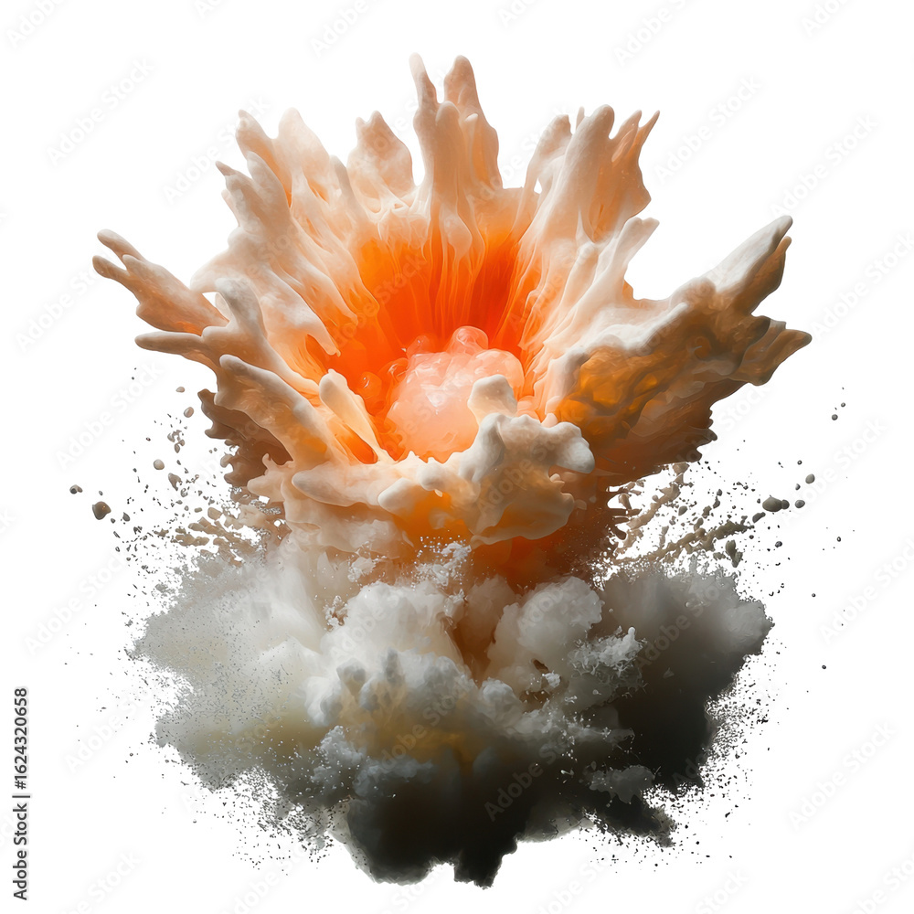 Poster dramatic explosion with vibrant orange core and surrounding dust and smoke creating intense visual i