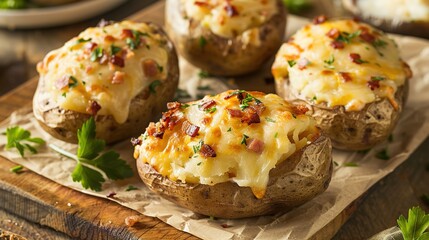 Fototapeta premium Cheesy Baked Potatoes with Bacon – A Tempting, Comforting Dish for Healthy Eating, Loaded with Melted Cheese, Crispy Bacon, and Nutritious Goodness