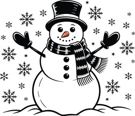 Whimsical hand drawn snowman wearing a top hat and scarf in a snowfall