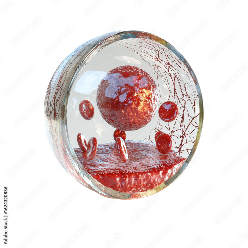 Poster abstract representation of human blood cells within a transparent spherical structure, showcasing in