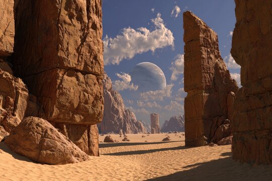 Alien desert landscape with towering rocks