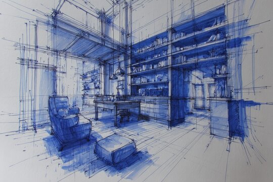Detailed architectural drawing of an interior space, rendered in blue ink on paper