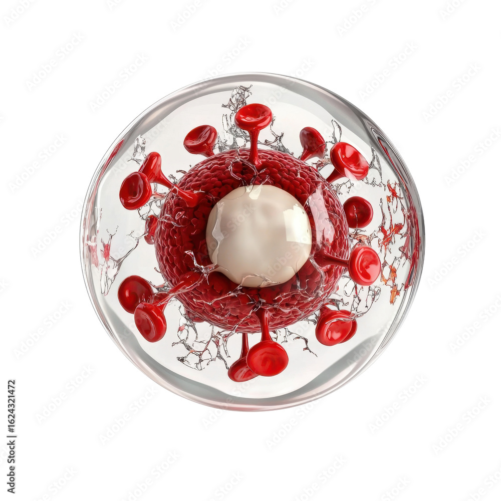 Poster colorful artistic representation of virus structure with red projections and central core in 3d view