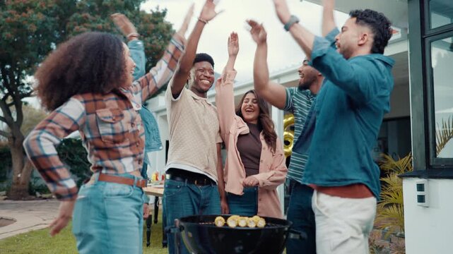 Hands, stack and friends with bbq, outdoor and bonding together with social gathering. Gesture, backyard and people with happiness, celebration and healthy food with party, smile and summer holiday