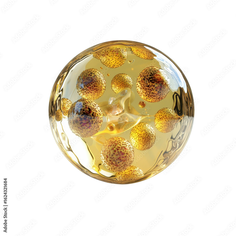 Poster close-up view of golden liquid sphere with bubbles and detailed texture representing fluid dynamics 
