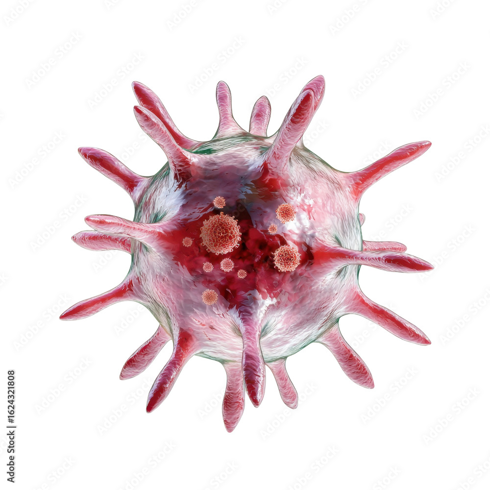 Poster close-up view of abstract virus structure with spiky protrusions and colorful pathogens depicting mi