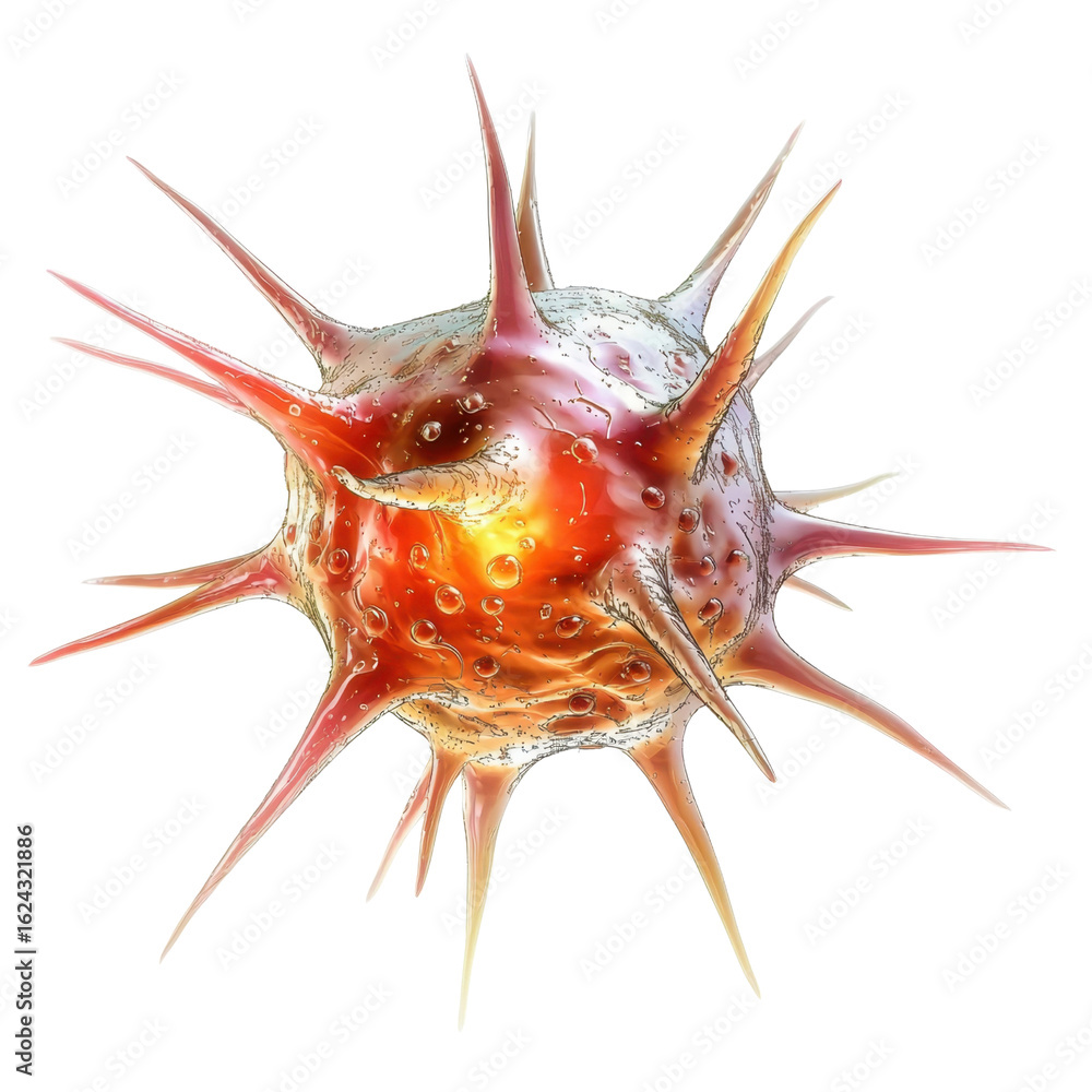 Poster detailed 3d representation of a virus particle showing intricate structures and vibrant colors, symb
