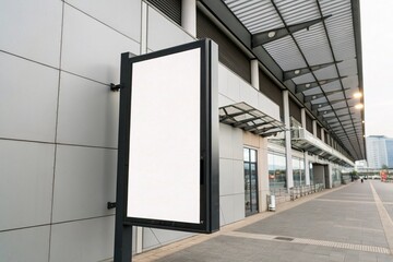 Blank white signage mockup in black frame, displayed on exhibition hall wall. Perfect for urban advertising, marketing presentations, posters, banners, and commercial promotion designs.

