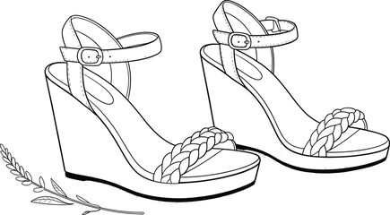 Braided wedge sandals illustration, stylish summer footwear, trendy fashion shoes, comfortable casual heels, fashionable accessory design, vector sketch for designers