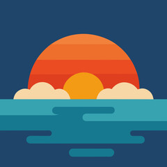 Vibrant sunset over calm ocean with abstract clouds