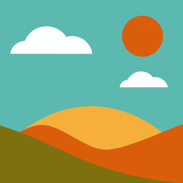 Stylized landscape with rolling hills sun and clouds