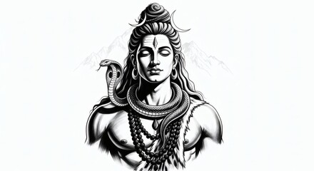 Meditating Shiva Lord in a black and white spiritual illustration with a sacred snake and crescent moon.